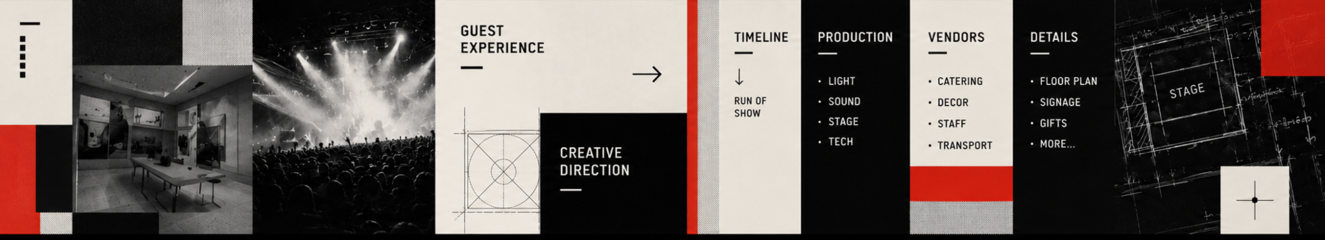 MassiveEvents production banner: guest experience, creative direction, timeline, production, vendors, and stage details